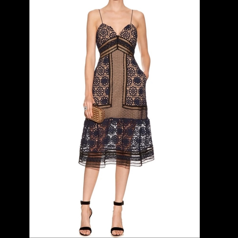 Self Portrait Navy Floral Lace w Pocket Midi Dress